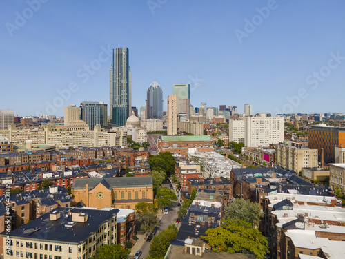 Boston Back Bay modern city skyline including John Hancock Tower, Prudential Tower, and Four Season Hotel at One Dalton Street in Boston, Massachusetts MA, USA. 