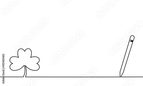 One line drawing style of a clover leaf with a pen that writing on the right. Concept about St.Patrick’s Day.