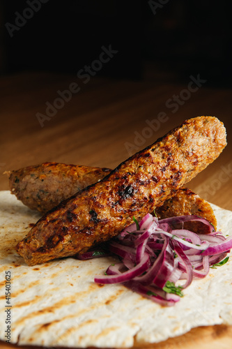 Lula kebab with pita breadand onion  photo