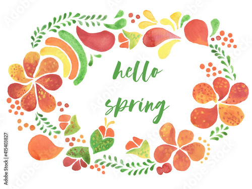 Ellips frame with red petals, flowers and hello spring inscription. Watercolor illustration