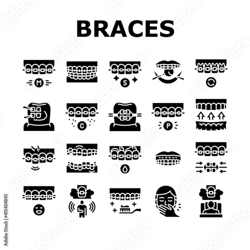 Tooth Braces Accessory Collection Icons Set Vector. Tooth Braces Installation And Correction, Metal And Sapphire, Ceramic And Plastic Material Glyph Pictograms Black Illustrations
