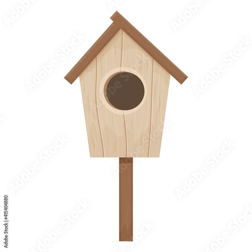 Wooden birdhouse, place for nest, empty decoration in cartoon flat style textured object isolated on white background. Springtime decoration, hanging home. 