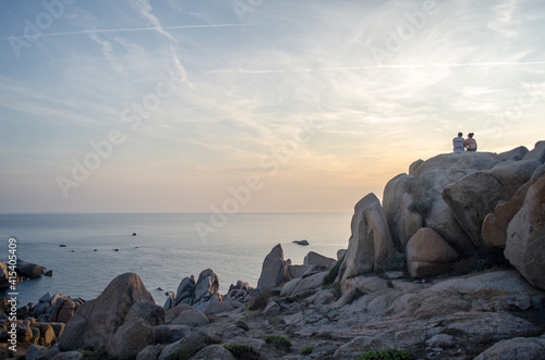 italian seaside capotesta rocks and sunset Sardinia. Landscape with sea and rocks. photo