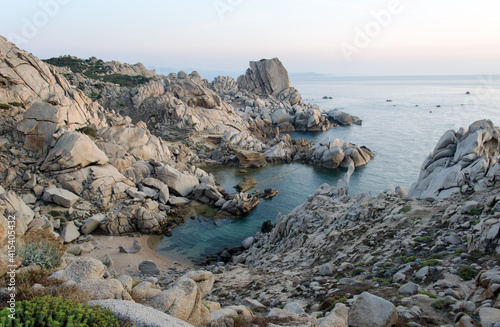 italian seaside capotesta rocks and sunset Sardinia. Landscape with sea and rocks. photo