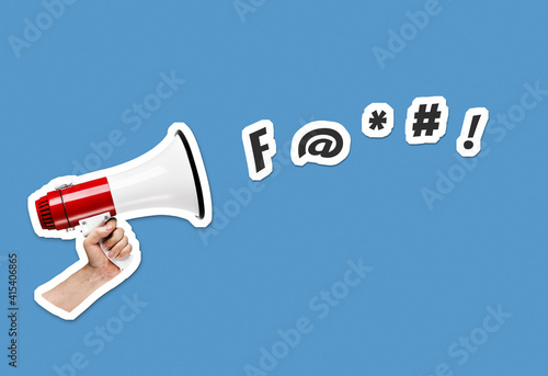 Hand holding megaphone on blue background with swear and curse symbols. Collage cut out style illustration
