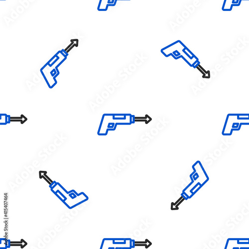 Line Fishing harpoon icon isolated seamless pattern on white background. Fishery manufacturers for catching fish under water. Diving underwater equipment. Colorful outline concept. Vector.