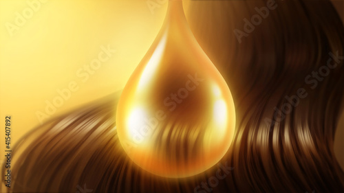 Hair care - Droplet oil Vitamins and oil Treatment applying on the smoothly hair. Deeply nourishing hair . Healthy brown hair and drop oil illustration. photo