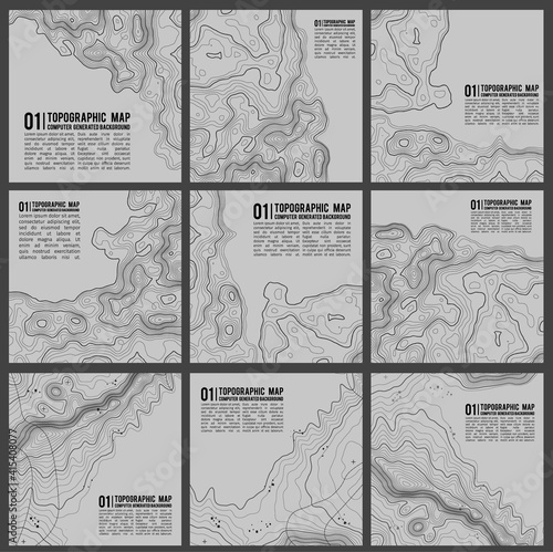 Grey contours vector topography. Geographic mountain topography vector illustration. Topographic pattern texture. Map on land vector terrain. Elevation graphic contour height lines. Vector Set.