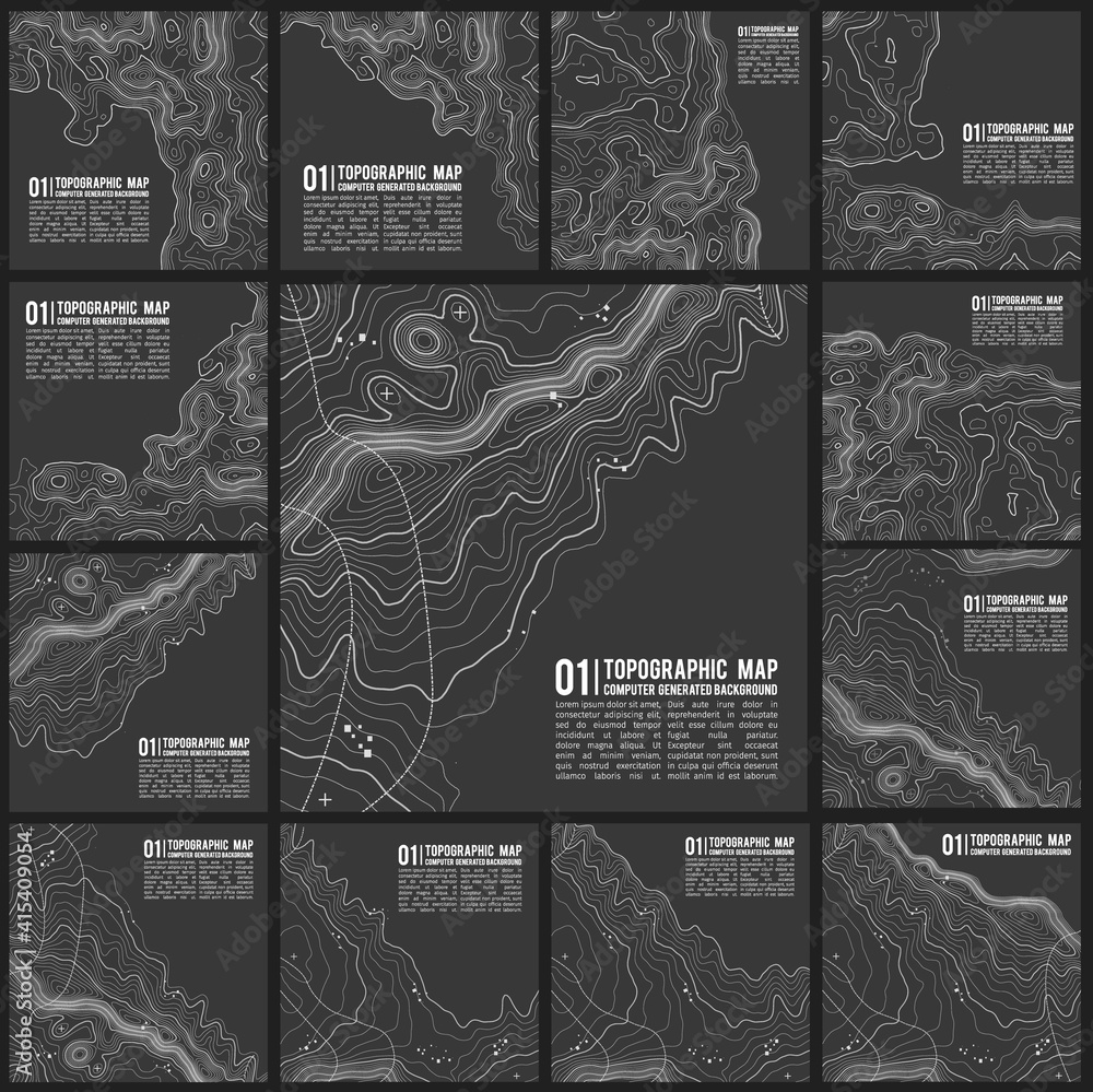 Grey contours vector topography. Geographic mountain topography vector illustration. Topographic pattern texture. Map on land vector terrain. Elevation graphic contour height lines. Vector Set. - obrazy, fototapety, plakaty 