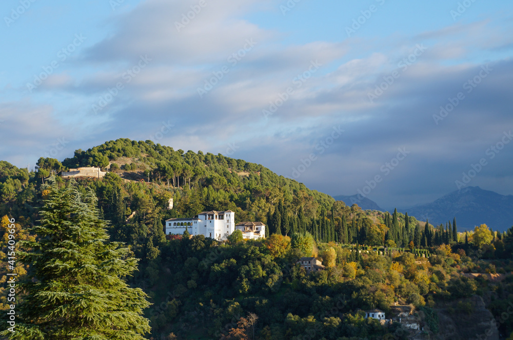 Panoramic view on a house on hills, Granada, Spain