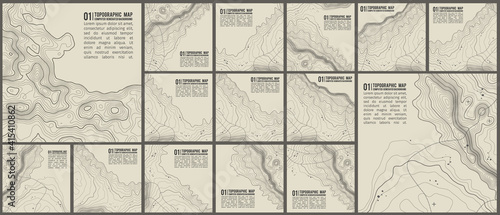 Topographic pattern texture vector Set. Grey contours vector topography. Geographic mountain topography vector illustration. Map on land vector terrain. Elevation graphic contour height lines.
