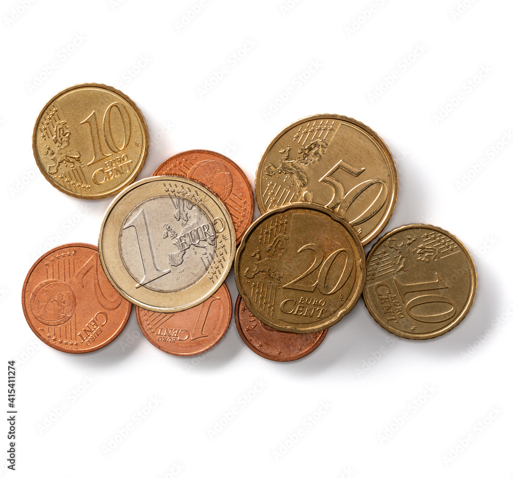 Euro coins isolated on white background closeup. Money concept. Top view, flat lay.