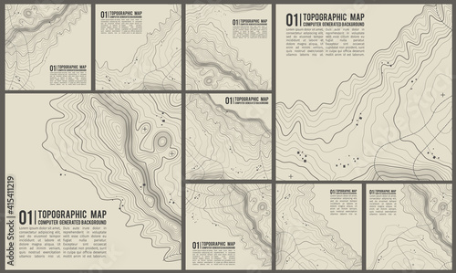 Topographic pattern texture vector Set. Grey contours vector topography. Geographic mountain topography vector illustration. Map on land vector terrain. Elevation graphic contour height lines.