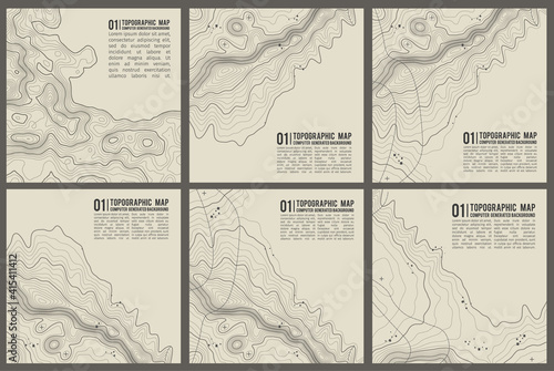 Topographic pattern texture vector Set. Grey contours vector topography. Geographic mountain topography vector illustration. Map on land vector terrain. Elevation graphic contour height lines.