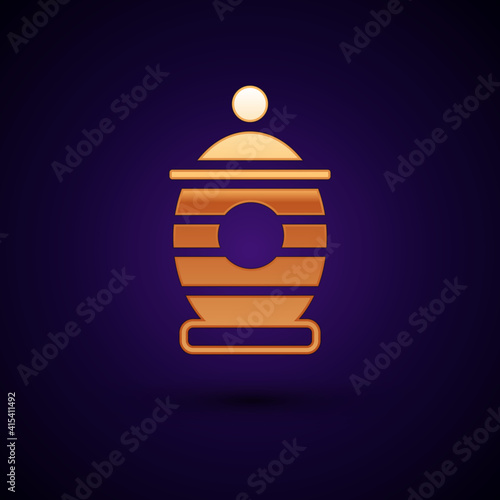 Gold Funeral urn icon isolated on black background. Cremation and burial containers, columbarium vases, jars and pots with ashes. Vector.