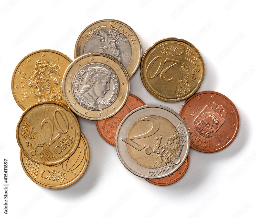 Euro coins isolated on white background closeup. Money concept. Top view, flat lay. Euro coins isolated on white background closeup. Money concept. Top view, flat lay.