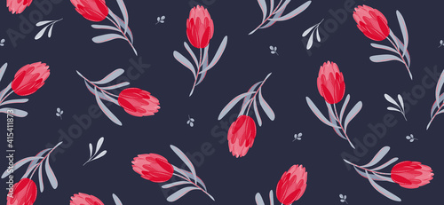 Wild red tulip flowers vector seamless pattern on dark blue background. Hand drawn floral botanical cover with leaves. Modern pattern for fabric, wrapping paper, wedding, easter, poster. EPS10 #415411873