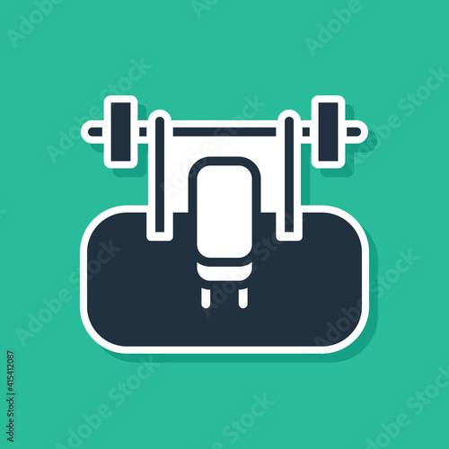 Blue Bench with barbel icon isolated on green background. Gym equipment. Bodybuilding, powerlifting, fitness concept. Vector.