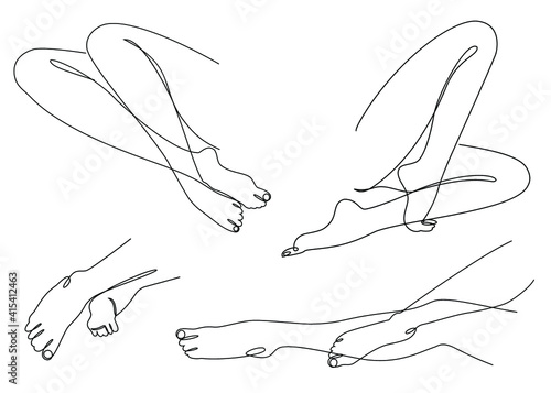Collection. Silhouettes of the legs of a girl in a modern one line style. Continuous lady line drawing, aesthetic outline for home decor, posters, wall art, stickers, logo. Vector illustration set.
