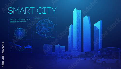 Smart city abstract illustration blue background in low poly style. Global social network connection. Data security 3d vector background.