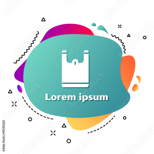 White Plastic bag icon isolated on white background. Disposable cellophane and polythene package prohibition sign. Abstract banner with liquid shapes. Vector.