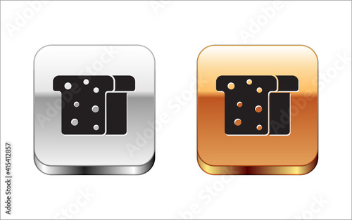 Black Bread toast for sandwich piece of roasted crouton icon isolated on white background. Lunch, dinner, breakfast snack. Silver-gold square button. Vector.