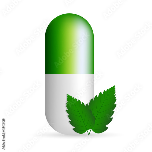 Vegetable capsule. Green pill. Herbal supplement.
