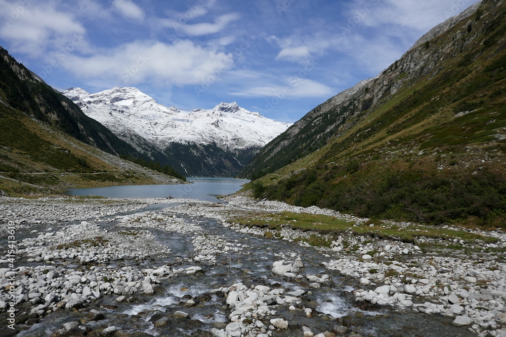 the Schlegeis Stausee in the High Alps Nature Park, Zillertal Alps, Tirol, Austria, September