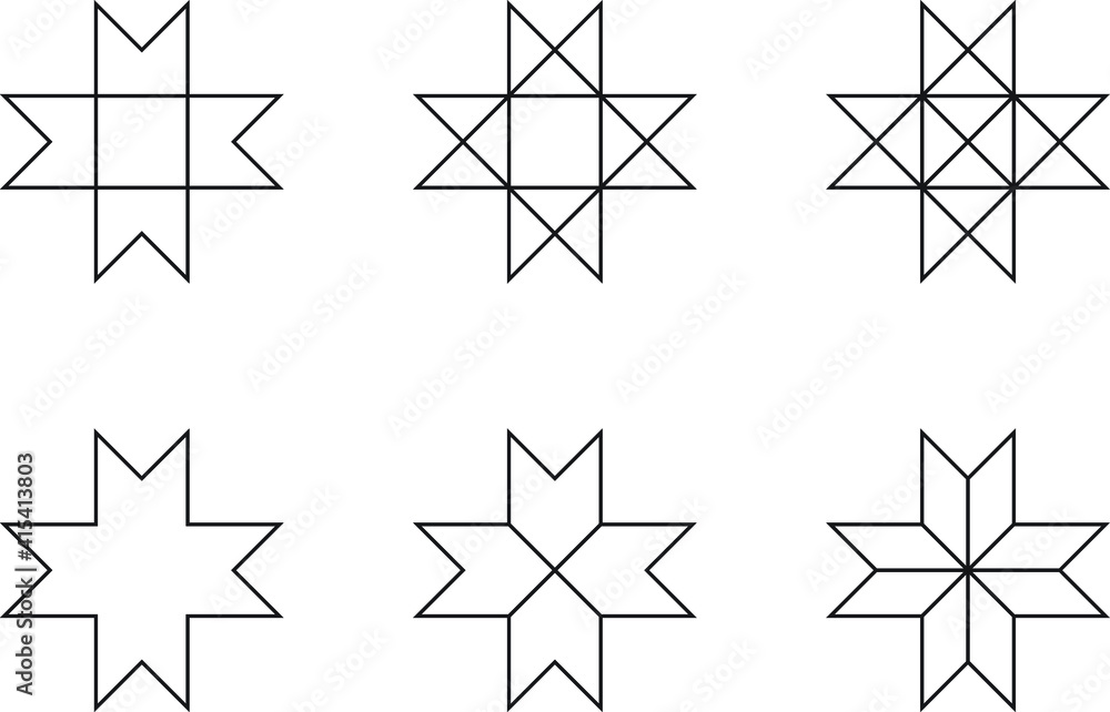 Different versions of octagram shapes and symbols. Geometrical object. Octagram is an eight-angled star polygon commonly used in many different cultures through history and modern times. 