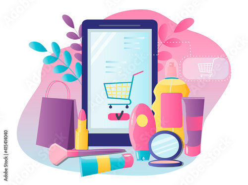 vector hand drawn illustration on the theme of online cosmetics store. care and decorative cosmetics and a smartphone. flat trend illustration for magazines, website and application banner