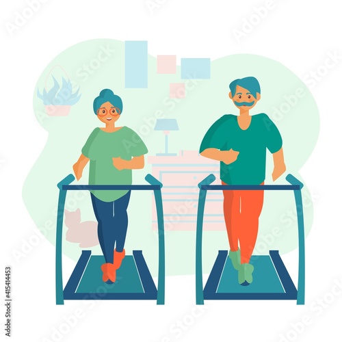 Senior couple on treadmill Workout at home Cartoon illustration
