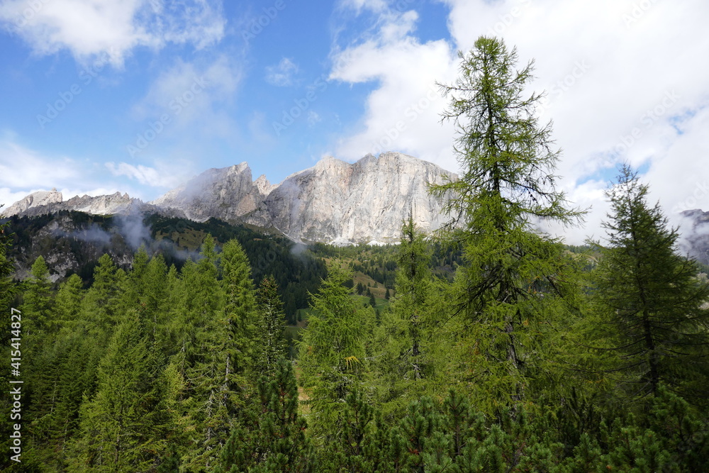 the view from the hiking trail to the Cascades de Pisciadu in Corvara, Dolomites, South Tyrol, Italy, September