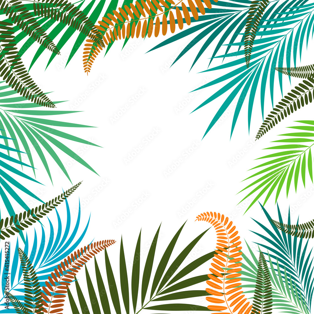 Frame with bright tropical leaves on a white background.