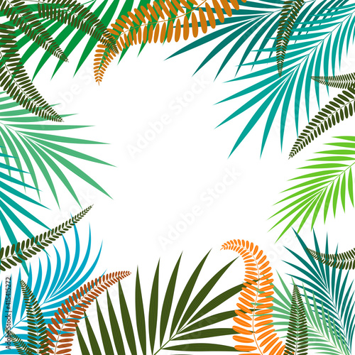 Frame with bright tropical leaves on a white background.