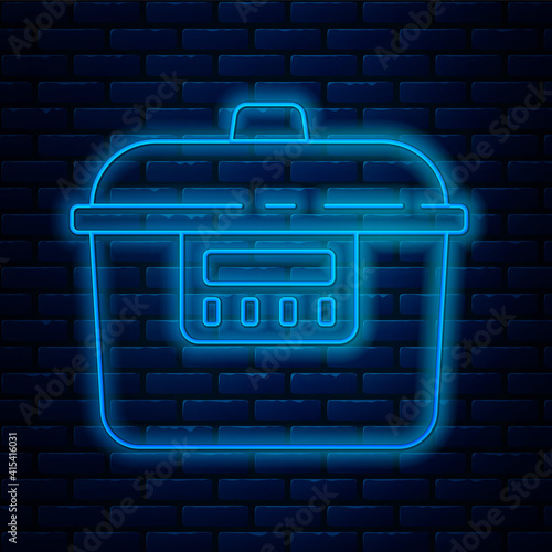 Glowing neon line Slow cooker icon isolated on brick wall background. Electric pan. Vector.