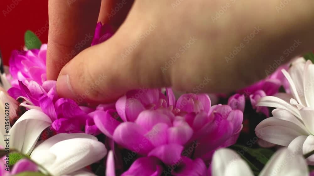 The process of creating a bouquet of flowers for a gift for the spring holidays, a man puts a flower The process of creating a bouquet of flowers for a gift for the spring holidays, a man puts a flower
