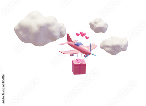 Pink airplane is carrying a great gift for the holiday, airplane in the clouds. 3d illustration