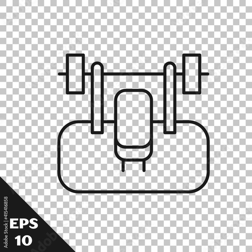 Black line Bench with barbel icon isolated on transparent background. Gym equipment. Bodybuilding, powerlifting, fitness concept. Vector.