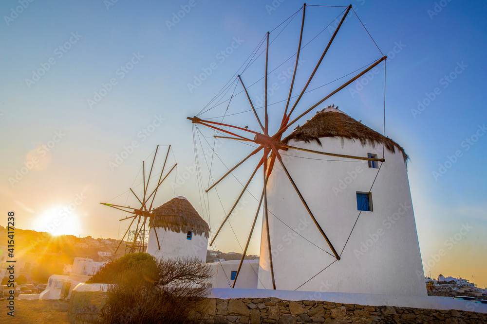 Amazing landscape with famous winmills on Greek island Mykonos