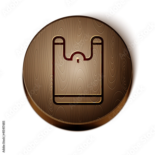 Brown line Plastic bag icon isolated on white background. Disposable cellophane and polythene package prohibition sign. Wooden circle button. Vector.