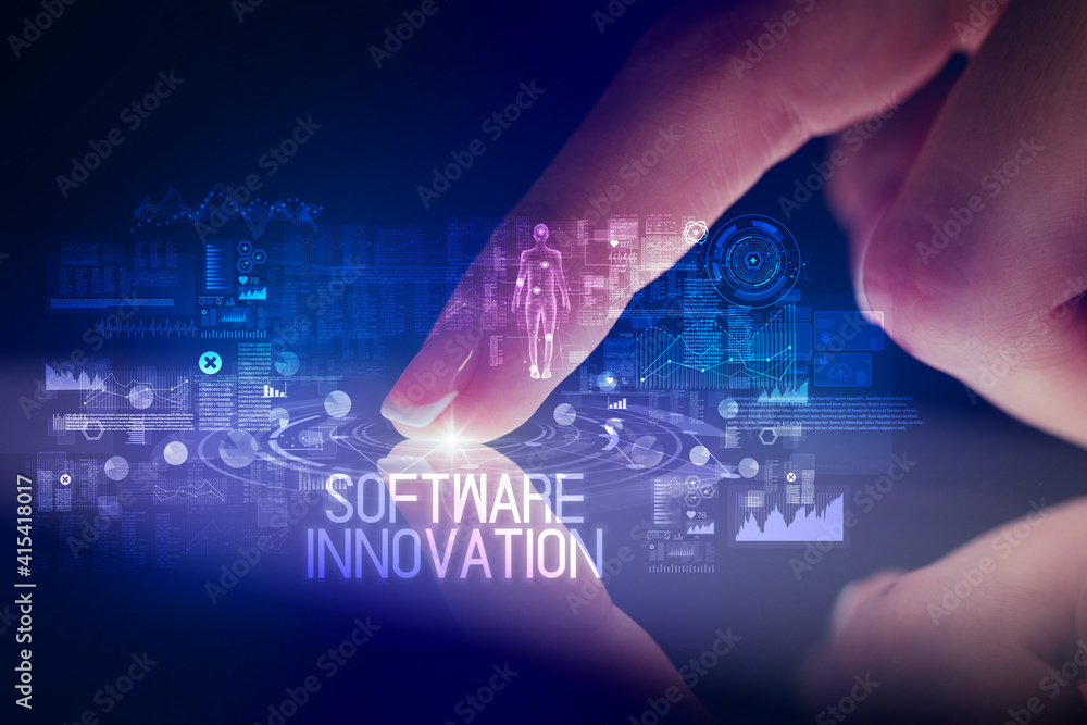Finger touching tablet with web technology icons and SOFTWARE INNOVATION inscription Finger touching tablet with web technology icons and SOFTWARE INNOVATION inscription