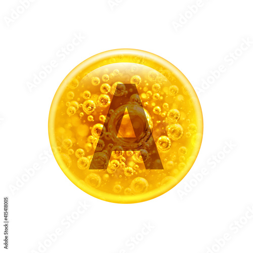 The letter A in the golden bubble. Vitamins. Bubbles oil inside a large oil bubble isolated on white background