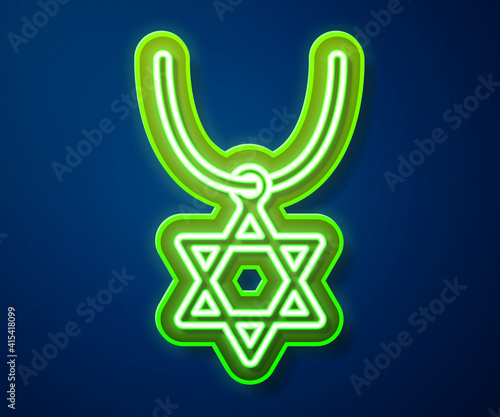 Glowing neon line Star of David necklace on chain icon isolated on blue background. Jewish religion symbol. Symbol of Israel. Jewellery and accessory. Vector.