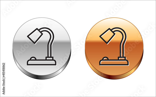Black line Table lamp icon isolated on white background. Silver-gold circle button. Vector.
