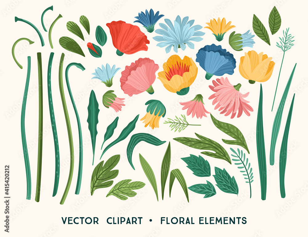 Vector clipart. Floral design elements. Leaves, flowers, grass, branches,