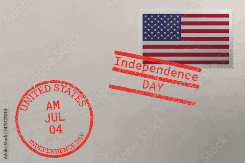 Postage stamp envelope with USA flag and 4-th July stamps, vector.