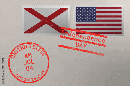 Postage stamp envelope with Alabama and USA flag and 4-th July stamps, vector.