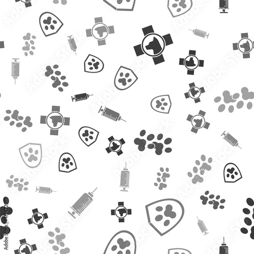 Set Veterinary clinic symbol, Animal health insurance, Paw print and Syringe with pet vaccine on seamless pattern. Vector.