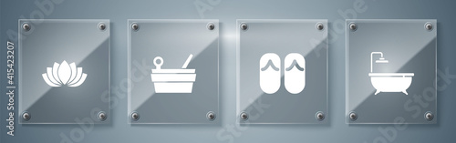 Set Bathtub, Flip flops, Sauna bucket and ladle and Lotus flower. Square glass panels. Vector.