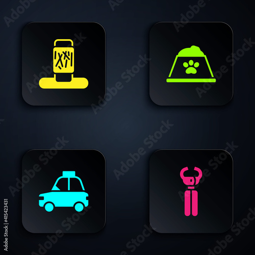 Set Pet nail clippers, Cat scratching post, car taxi and food bowl. Black square button. Vector.